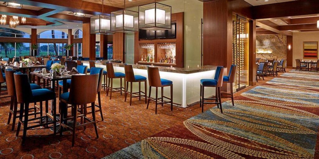 Beautiful, wool, natural fiber carpet installed in the Bocaire Country Club's golf course clubhouse dining, bar, and lounge areas