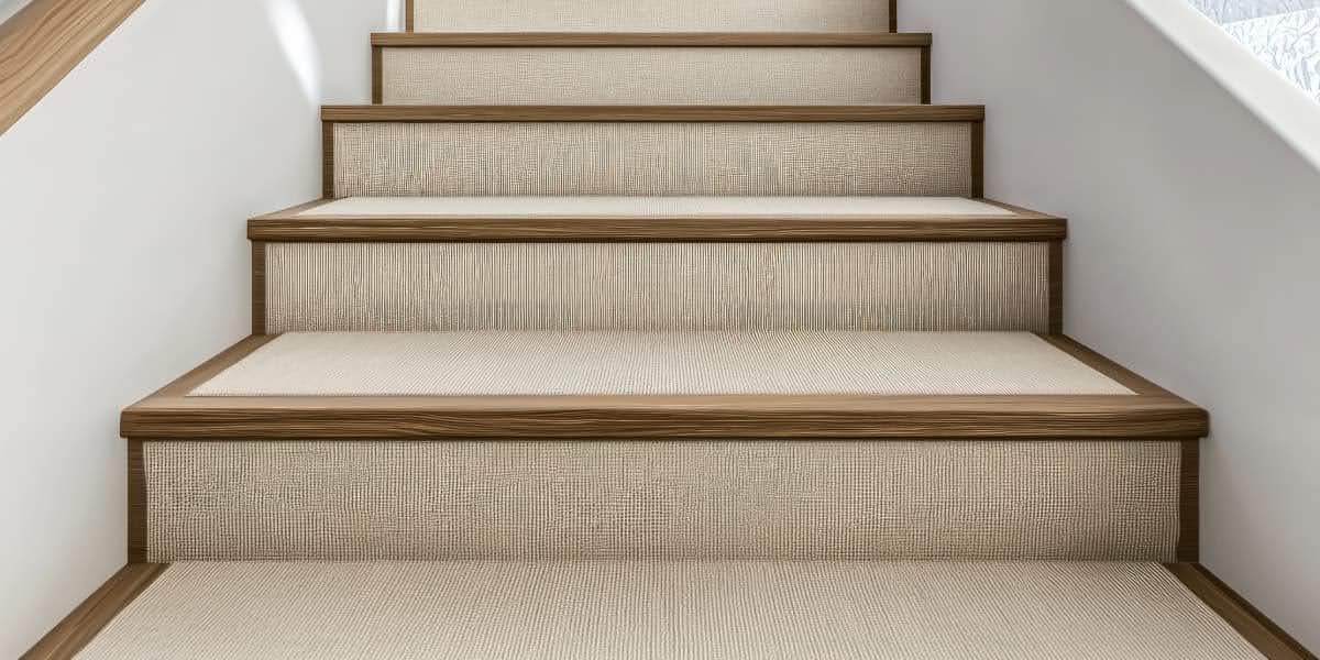 Close-up of wood stair treads with beige textured finish showing safe, code-compliant design for commercial properties.