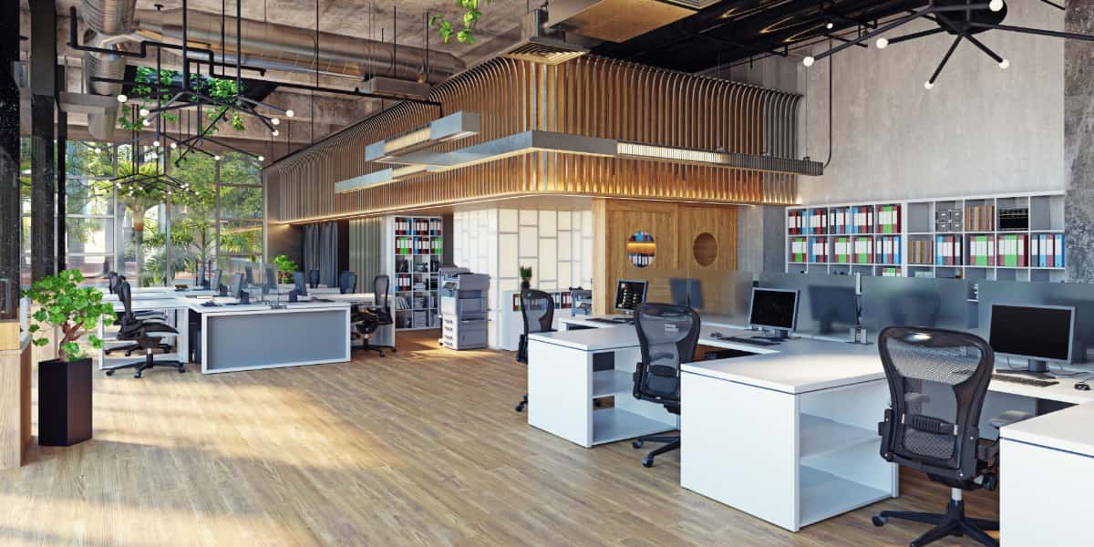 Open office interior with wood style floors featuring the longest lasting flooring for modern commercial workspaces