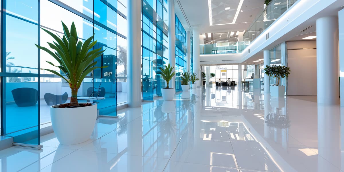 Bright commercial lobby with glossy floors, blue glass walls, and potted plants showcasing affordable commercial flooring in a modern business space
