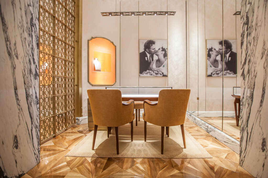 Luxury retail wood flooring installation at the BVLGARI jewelry store by East Coast Flooring & Interiors