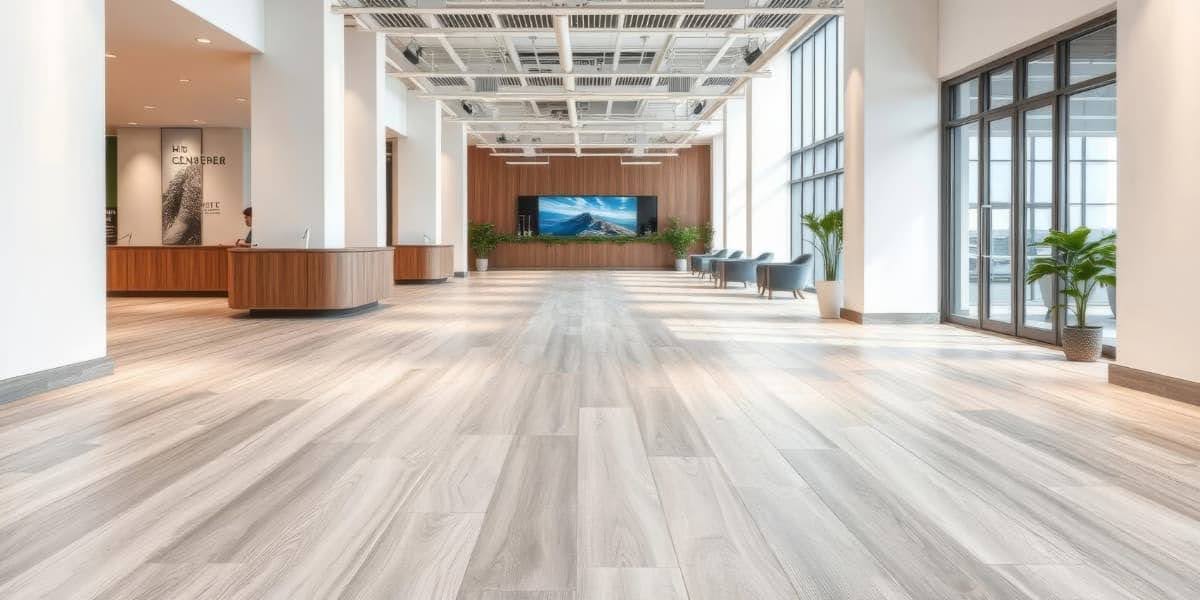 Modern lobby interior with wide plank Commercial Laminate flooring installed across an open commercial space