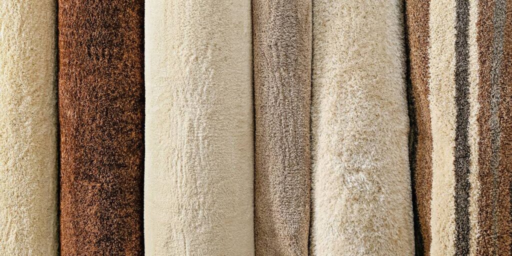 A selection of luxury carpet in different colors, textures, and pile.