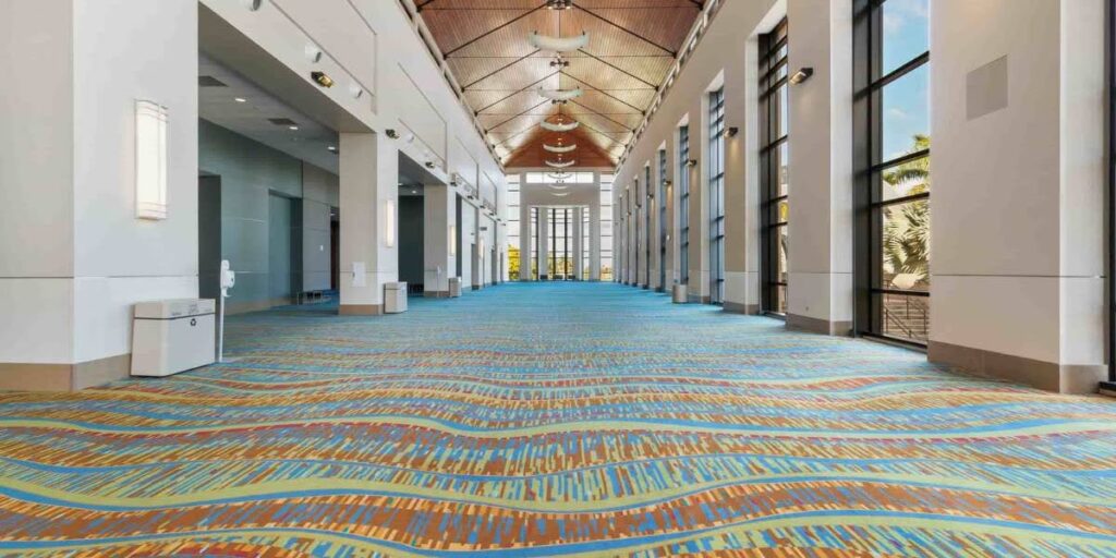 A commercial building with luxury carpet that reduces the sound amplification.
