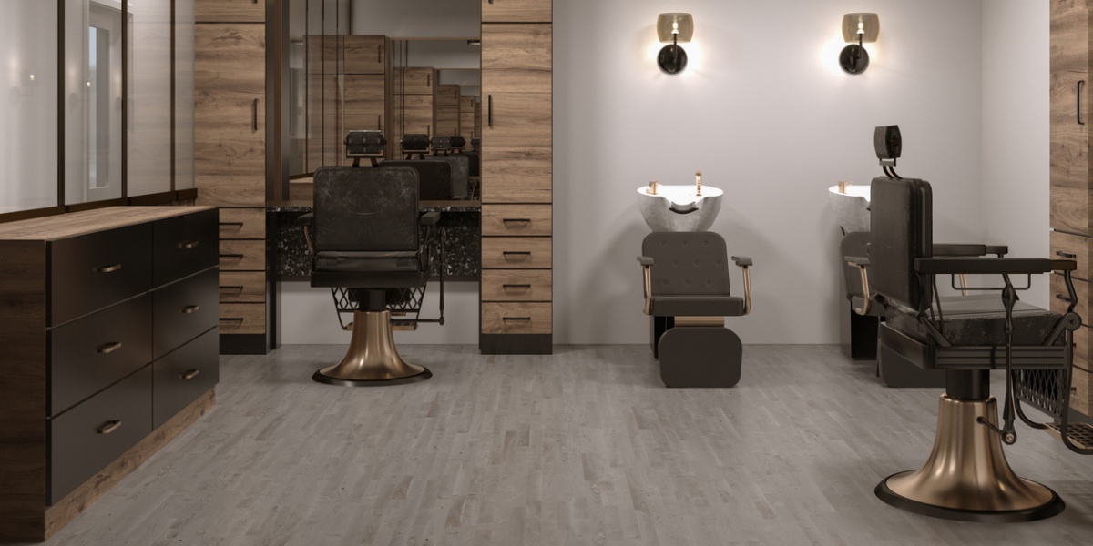 Laminate flooring installation inside a hair salon is a durable and safe retail flooring option.