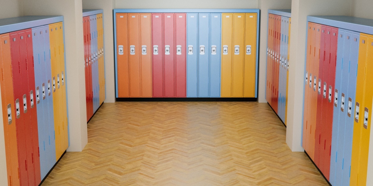 Vinyl floors installed in a locker room as a safe school flooring option.