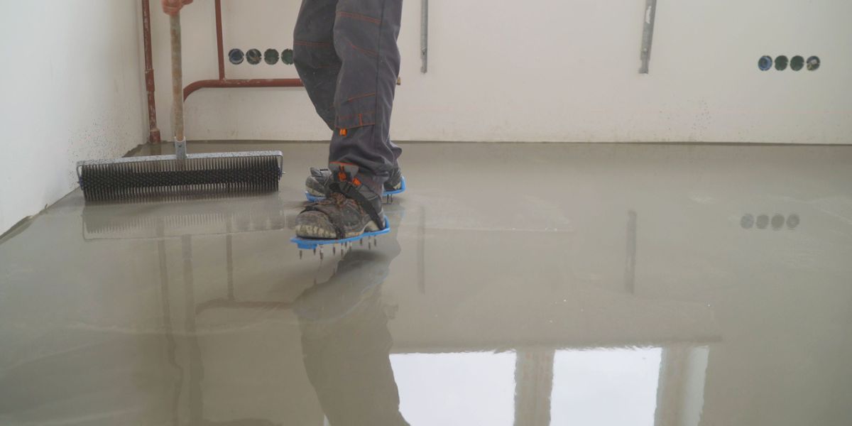 A floor installer professional installs concrete floor compound for new residential flooring.