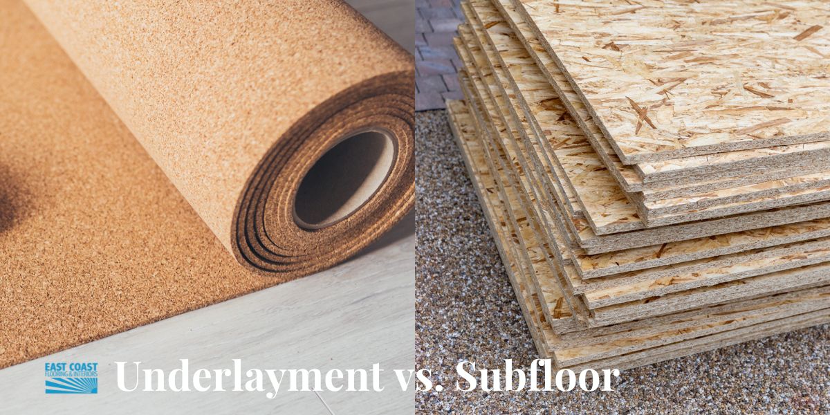 A split image graphic of underlayment vs subfloor displaying the two differences of layers of flooring.