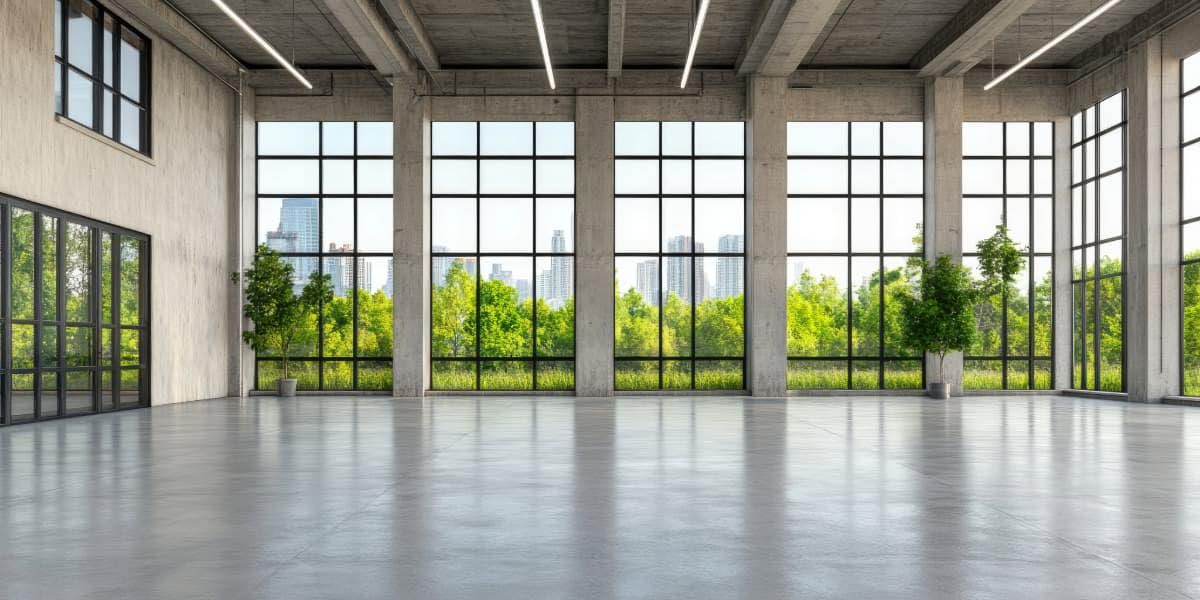 Open commercial interior with polished concrete slab prepared for resilient flooring installation and large windows letting in daylight