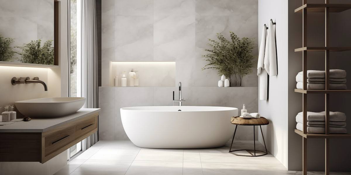Modern bathroom with freestanding tub, wooden vanity, and soft lighting installed by an NTCA certified installer to ensure quality tile work.